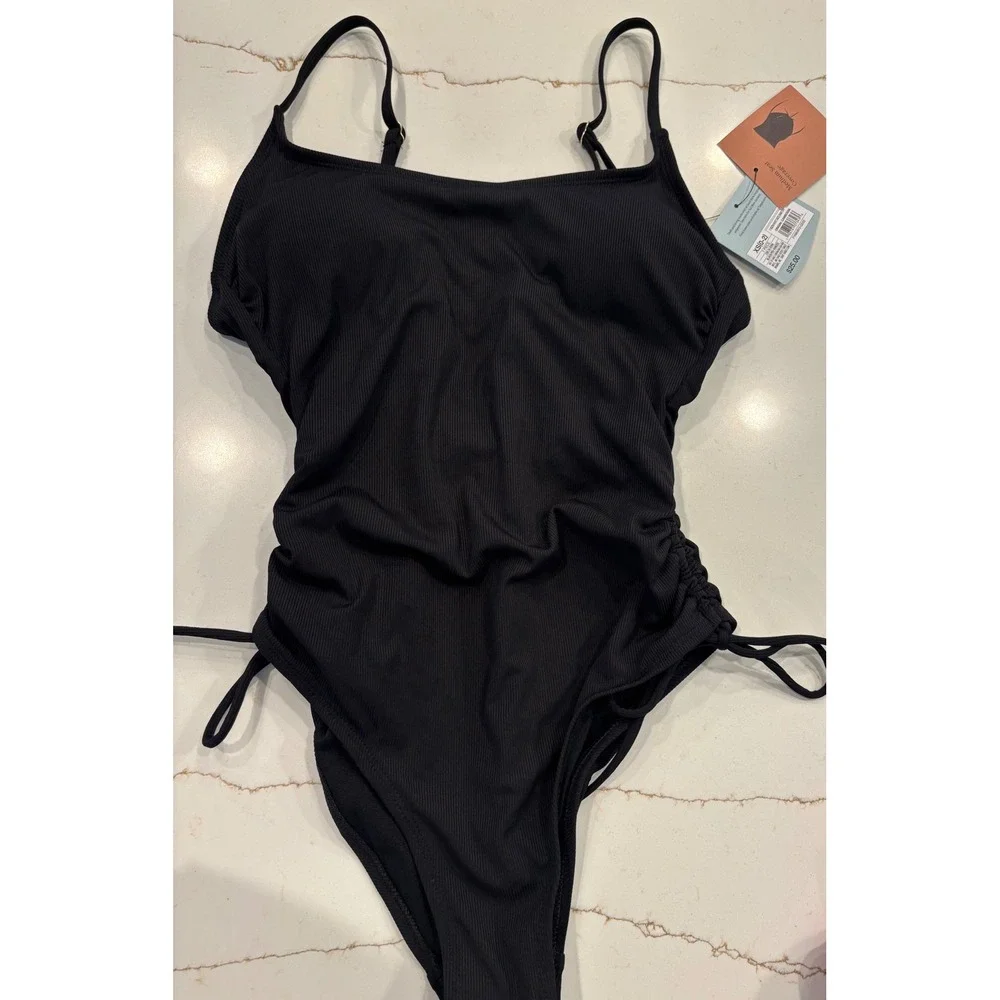 Shade & Shore XS One Piece Swimsuit Women Black Ribbed Side Cinch Tie